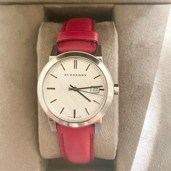 New Burberry BU9129 Silver Dial Red Leather Women's Watch